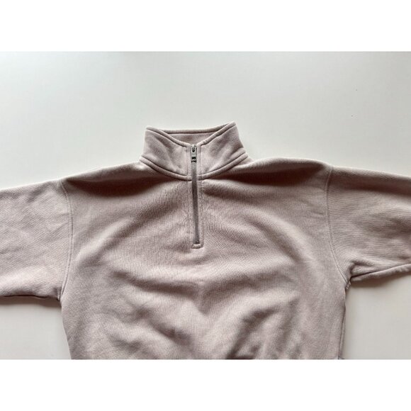 Aritzia TNA Cozy Fleece Beige Cotton 1/4 Zip Perfect Cropped Sweatshirt, Size S - Picture 6 of 16